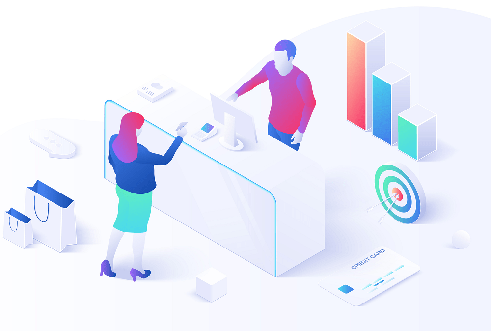 Illustration showing a customer interacting with a merchant.