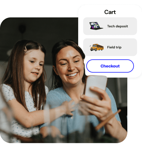Adult and child using a smartphone to browse an online store with the cart and checkout button visible. 