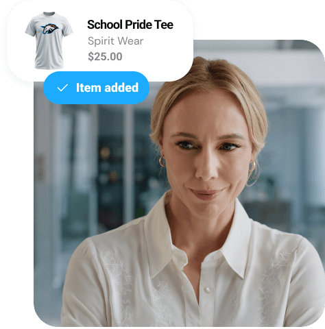 Person standing confidently with a store management interface overlay showing an item added. 