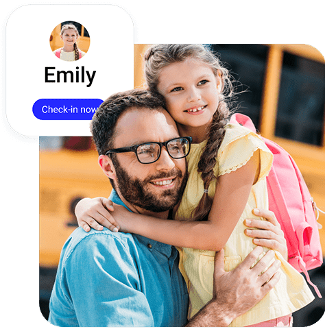A parent and child at drop-off with an overlay showing “Emily” and a “Check-in now” prompt.