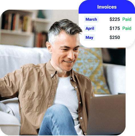 Person using a laptop at home with an overlay showing monthly invoices marked “Paid.”