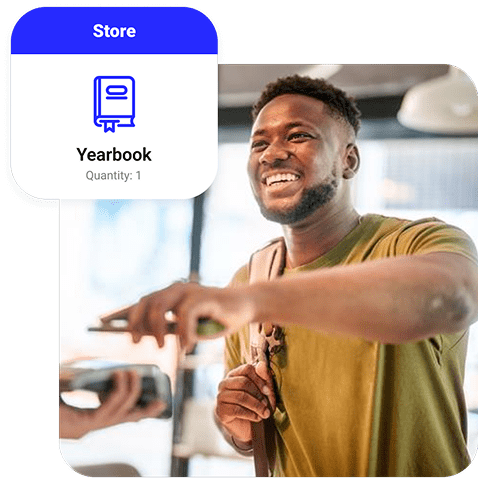 One smiling person checks out at a card reader with their phone.