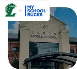 The exterior of a middle school with a MySchoolBucks and the school’s logos represented in an overlaid graphic.