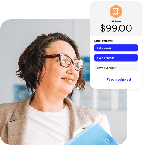 A closeup of a smiling woman with a graphic callout overlaid that shows fee assignment for an exam.