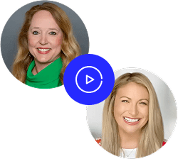 Two circular speaker headshots with a play button overlay indicating a webinar video.