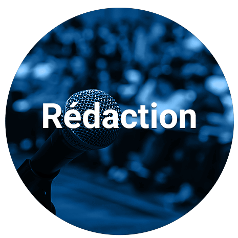 Photo of microphone with crowd in background and blue overlay
