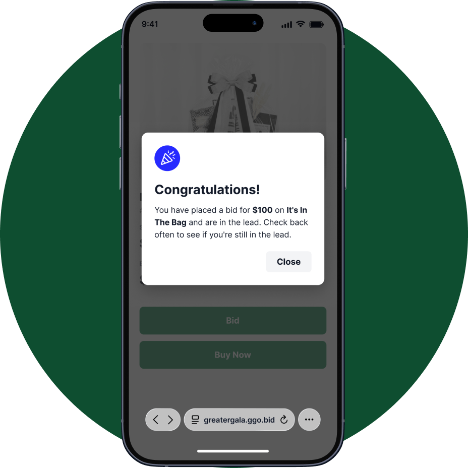 A pop-up notification on a smartphone informing the user that they’ve placed a mobile bid for $100 and is in the lead