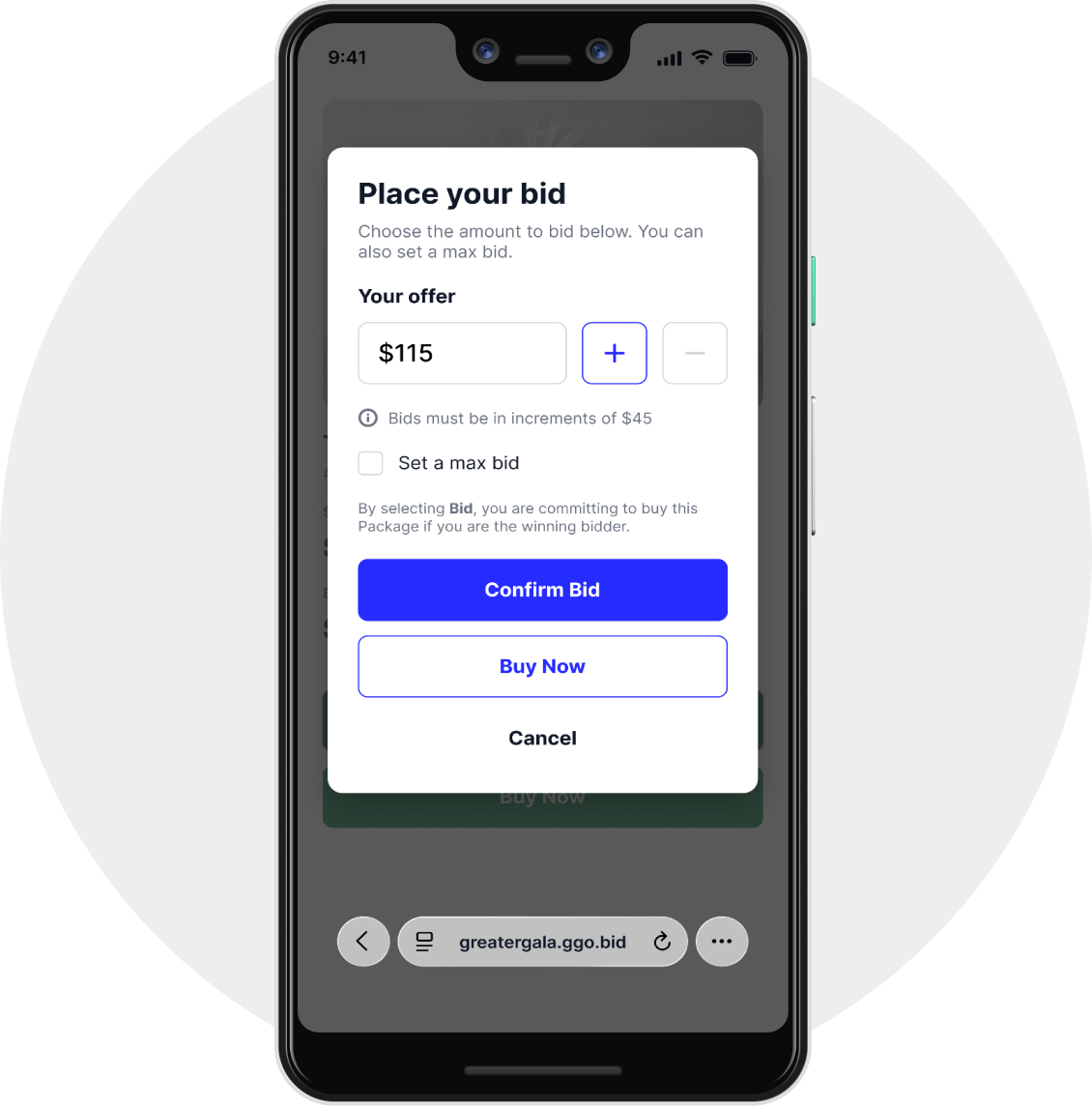 A “Place your bid” page on mobile bidding software, with the offer placed at $115