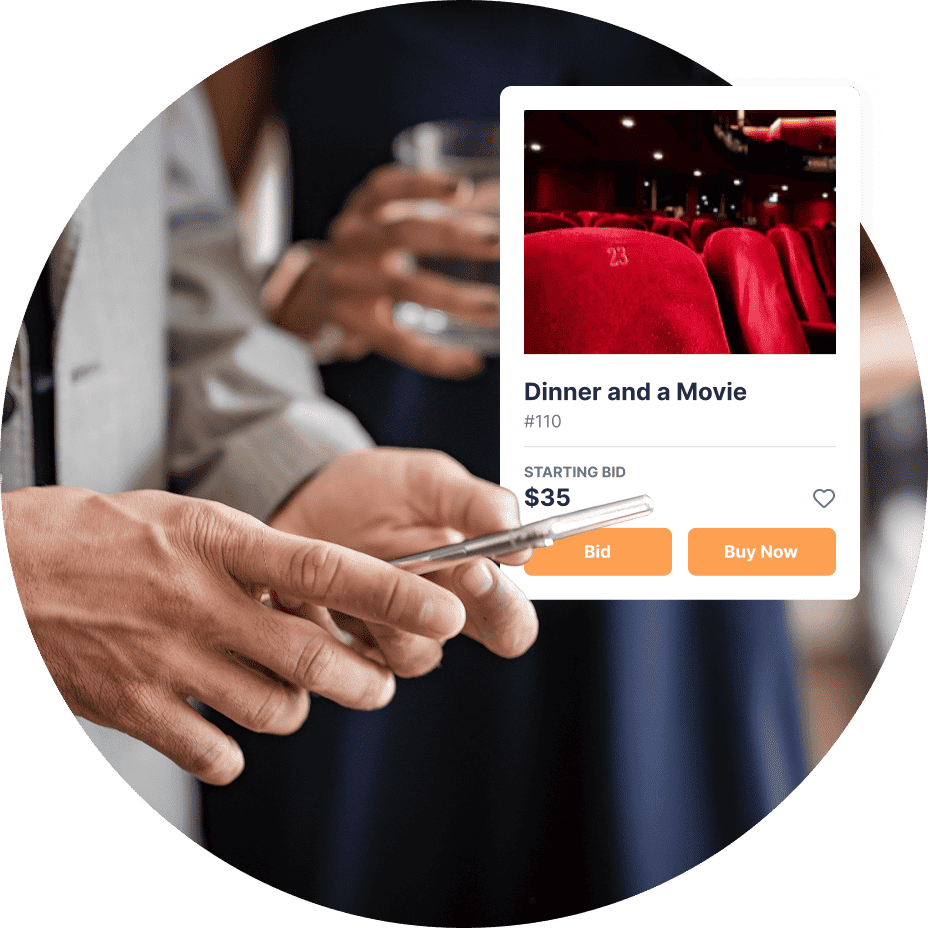 A person holding a smartphone next to a pop-up notification of a “Dinner and a Movie” bid, starting at $35