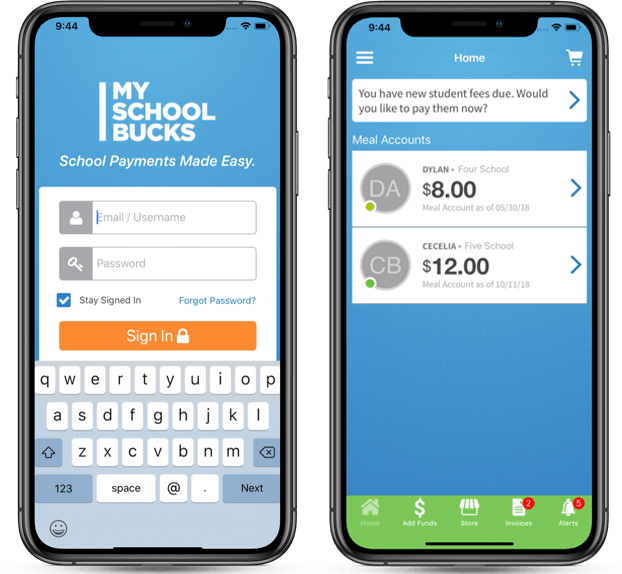 Two mobile phones, one with login in screen, one with payment screen