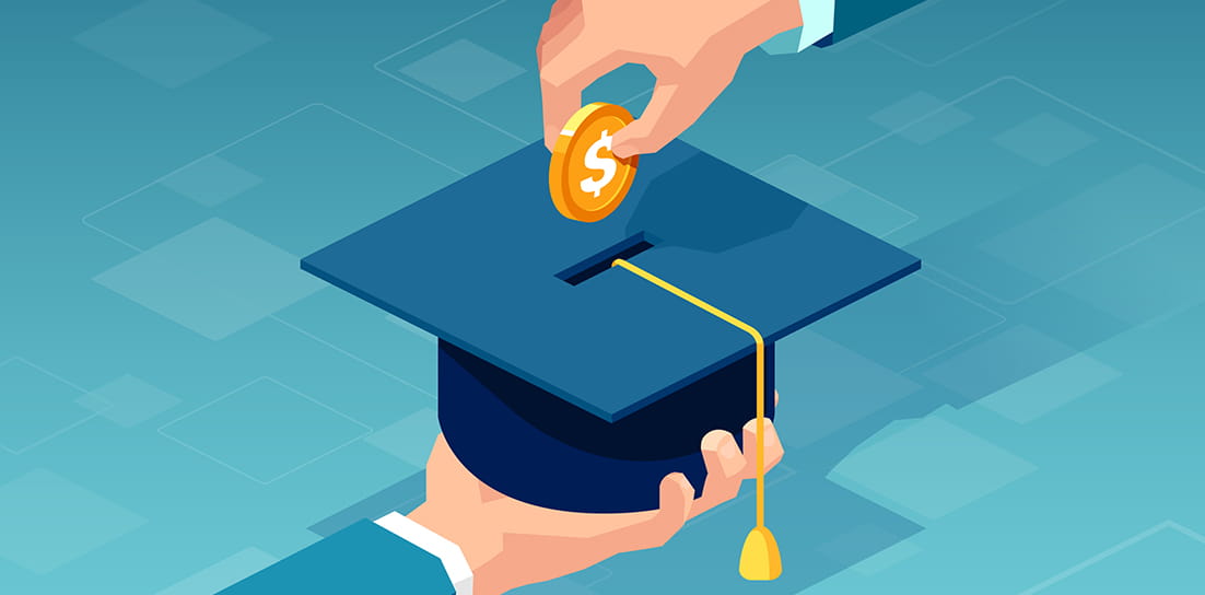 Graduation cap held by hand, while a second hand is poised to place a coin in the top of the hat like a piggy bank.